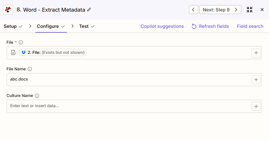 PDF4me Extrair Metadados Word Zapier - Documento, Nome do Arquivo